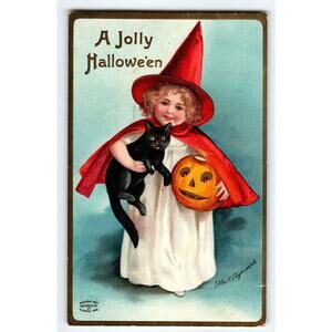 Halloween Postcard Ellen Clapsaddle Girl Witch Black Cat JOL Germany S Garre